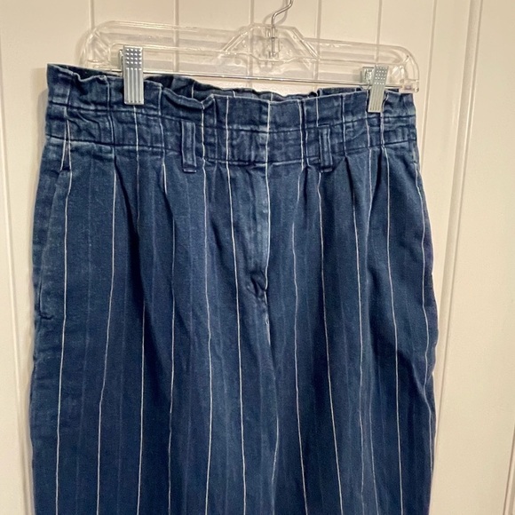 J Crew wide pin stripe paper bag baggy jean denim gathered waist zipper closure - Picture 2 of 12